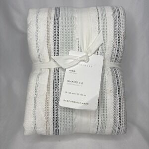 Pottery Barn Clayton Neutral Striped King Shams Set Of 2 36"x20" NEW